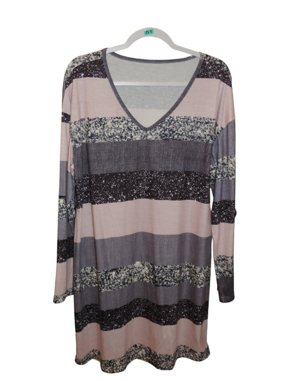 SHEIN Pink Gray Black Striped V-Neck Long Sleeve Dress